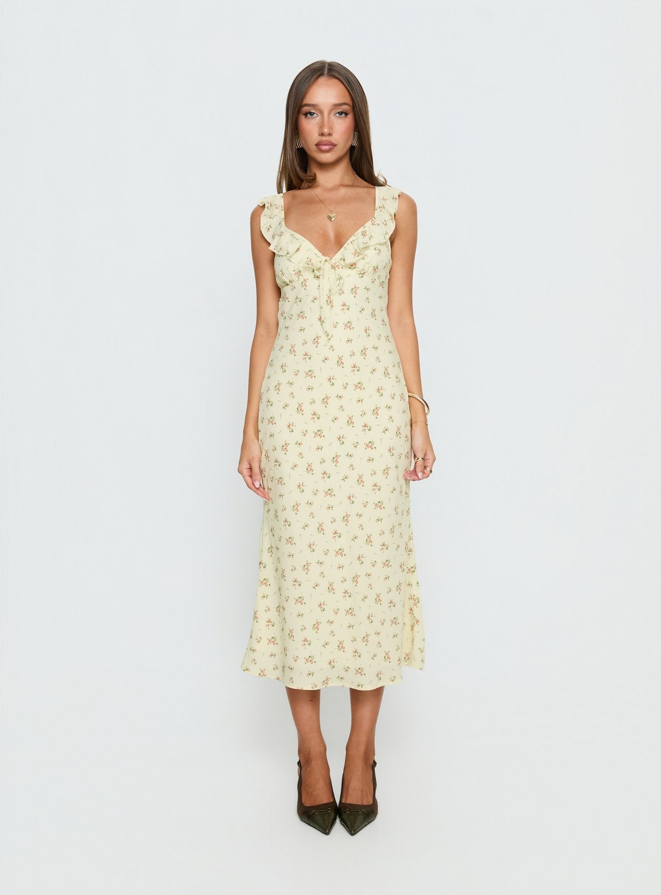 Leabelle Frill V Neck Maxi Dress Yellow Floral