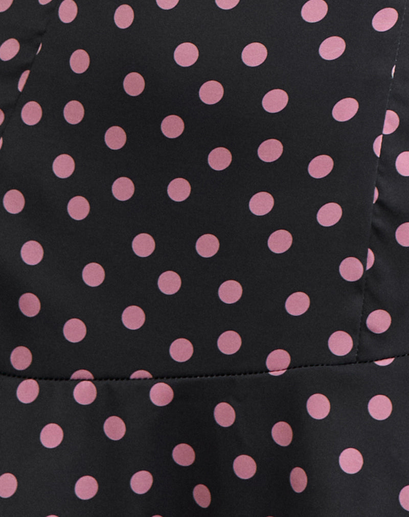 Maribel Mini Dress in Black Satin Scattered with Pink Polka