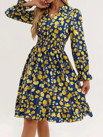 Floral Print Flounce Sleeve Ruffle Hem Dress