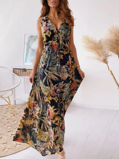 Leaf Print Sleeveless Maxi Dress