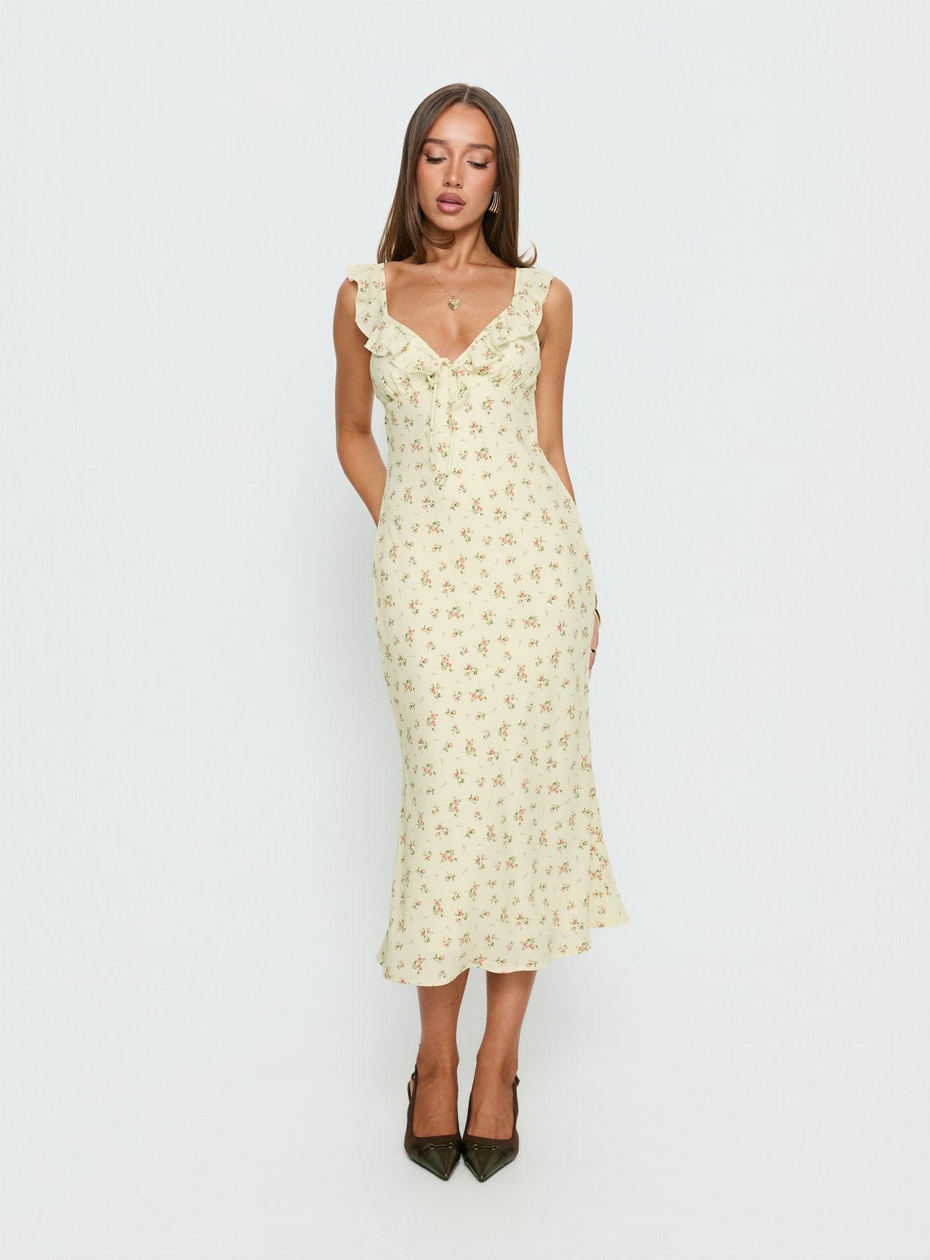 Leabelle Frill V Neck Maxi Dress Yellow Floral