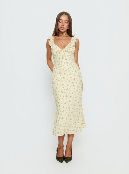 Leabelle Frill V Neck Maxi Dress Yellow Floral