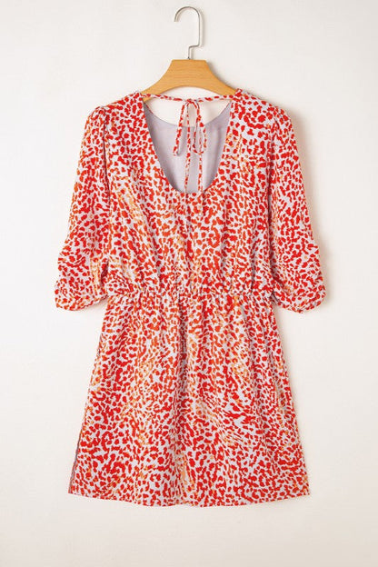 Red Leopard Print Long Sleeve Hollowed Back Dress
