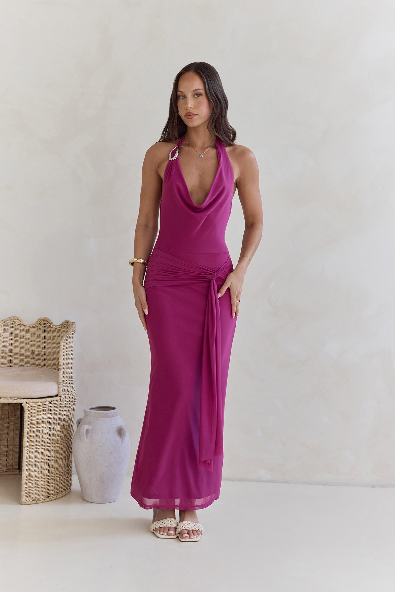 Step To Tune Mesh Halter Maxi Dress Plum