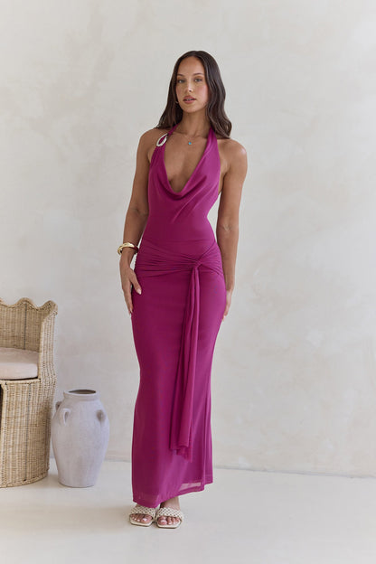 Step To Tune Mesh Halter Maxi Dress Plum
