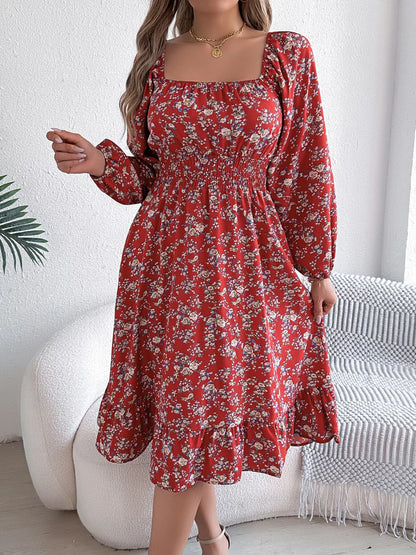 Floral Print Long Sleeve Square Neck Midi Dress