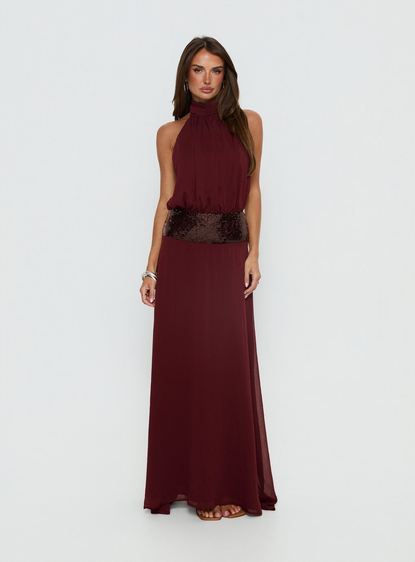 Darwinn Drop Waist Sequin Detail Maxi Dress Burgundy
