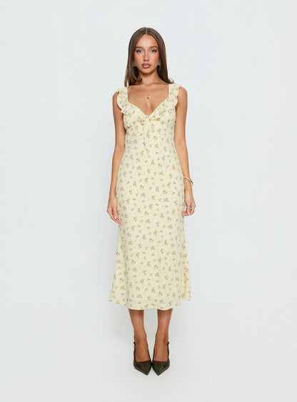 Leabelle Frill V Neck Maxi Dress Yellow Floral