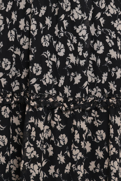 Edwina Shirred Frill Long Sleeve Midi Dress - Black Ditsy Floral