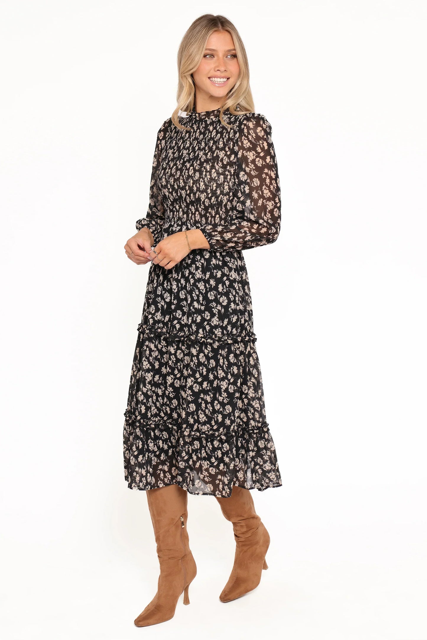 Edwina Shirred Frill Long Sleeve Midi Dress - Black Ditsy Floral