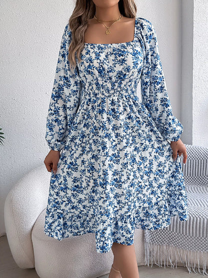 Floral Print Long Sleeve Square Neck Midi Dress