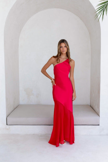 Chase The Thrill One Shoulder Satin Maxi Dress Red