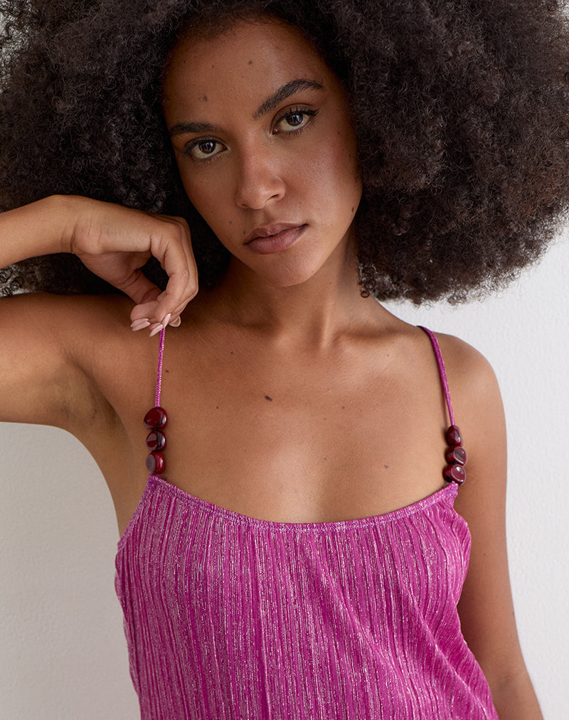 Cerita Mini Dress with Beads in Shimmer Plisse Hot Pink