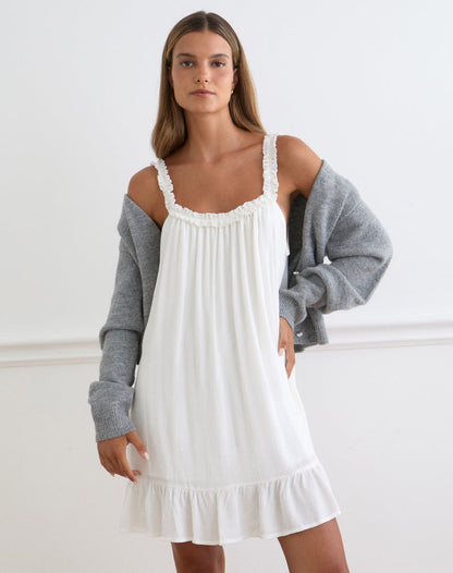 Elowen Frill Mini Dress in Crinkle Off White