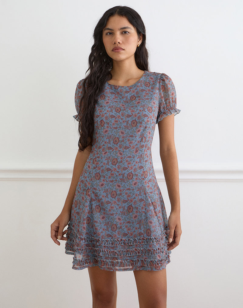 Koharu Mini Dress in Shadow Blossom Blue Chiffon