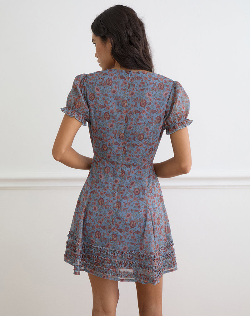 Koharu Mini Dress in Shadow Blossom Blue Chiffon