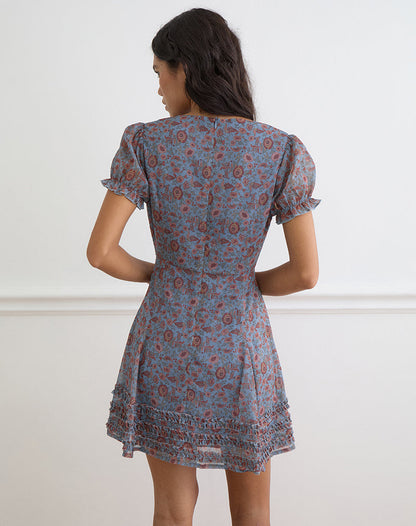 Koharu Mini Dress in Shadow Blossom Blue Chiffon