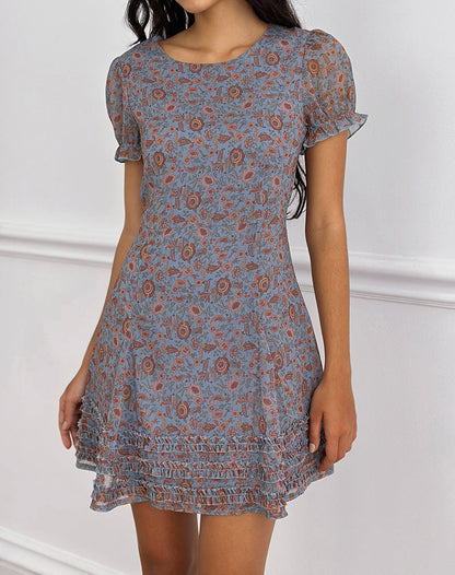 Koharu Mini Dress in Shadow Blossom Blue Chiffon