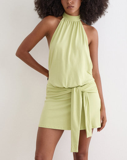 Vakali Halterneck Mini Dress in Rayon Jersey Pistachio