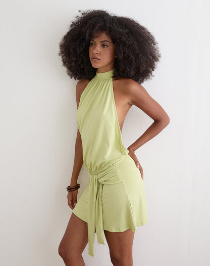 Vakali Halterneck Mini Dress in Rayon Jersey Pistachio