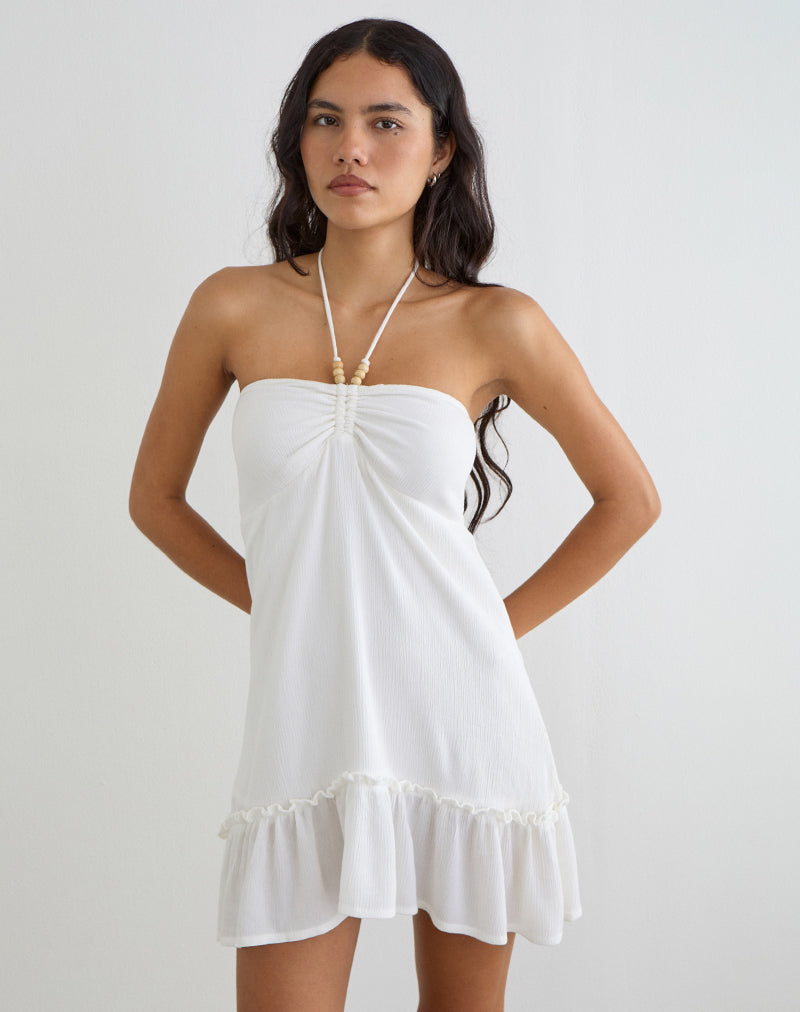 Yvelise Mini Dress in Crinkle Off White with Beads