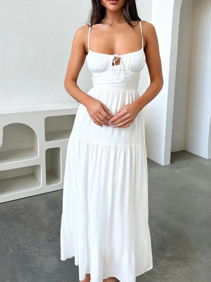 Tiered Lace Up Spaghetti Straps Maxi Dress
