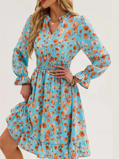 Floral Print Flounce Sleeve Ruffle Hem Dress