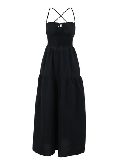 Tiered Lace Up Spaghetti Straps Maxi Dress