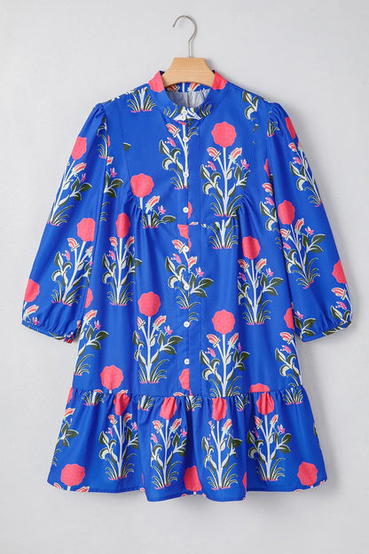 Floral Print Long Sleeve Ruffle Hem Dress