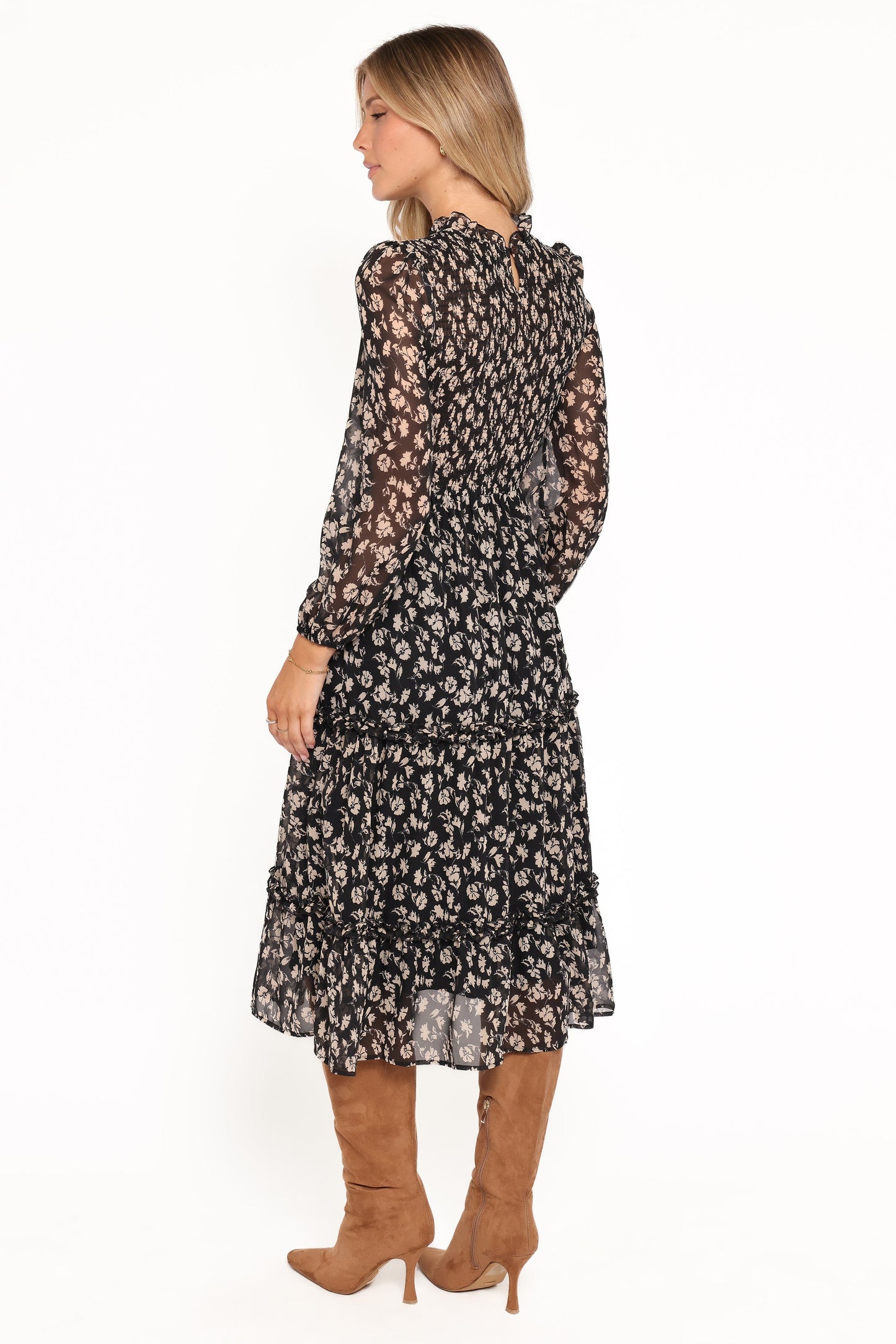 Edwina Shirred Frill Long Sleeve Midi Dress - Black Ditsy Floral