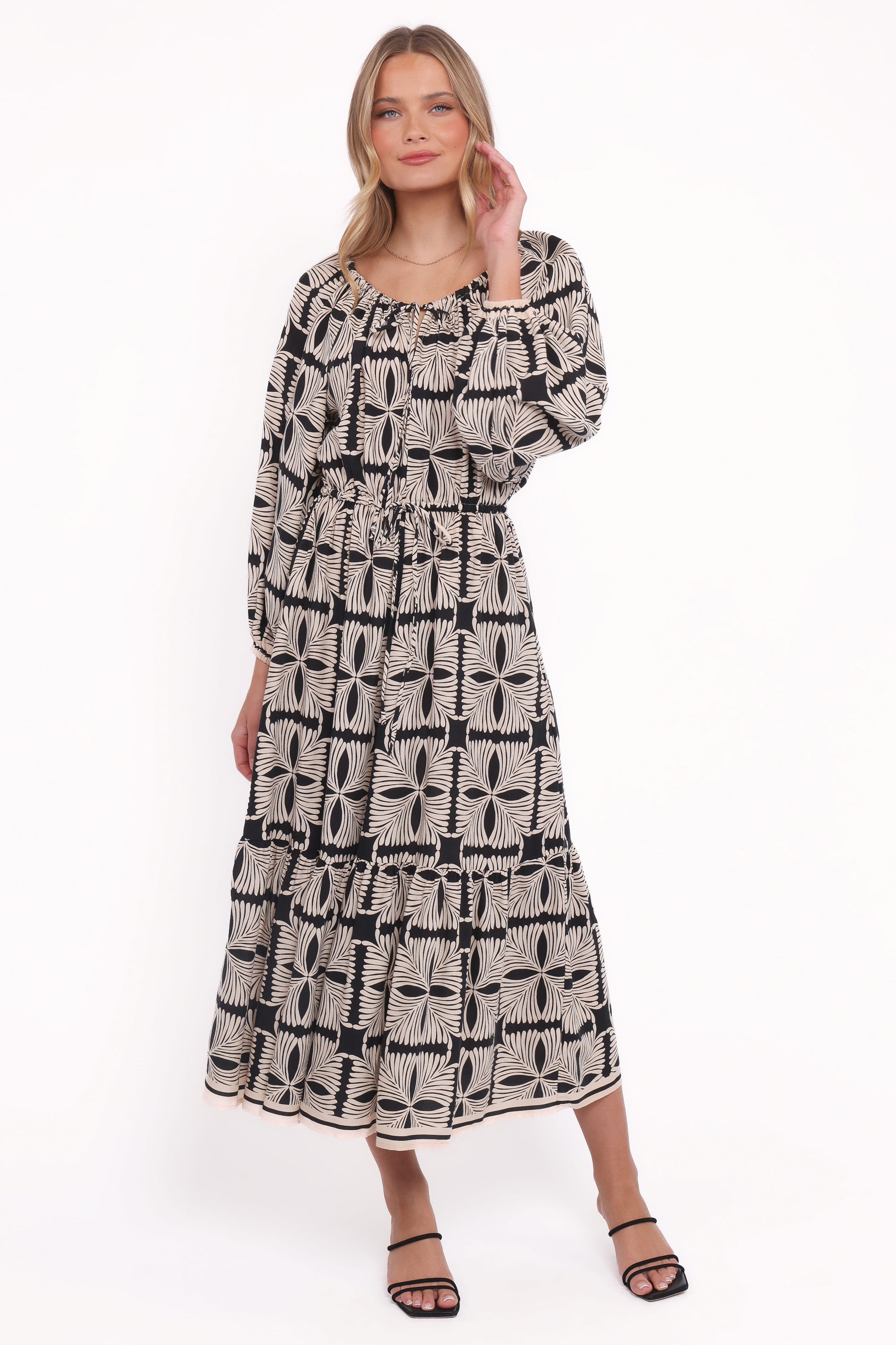 Faris Off Shoulder Midi Dress - Black Geo